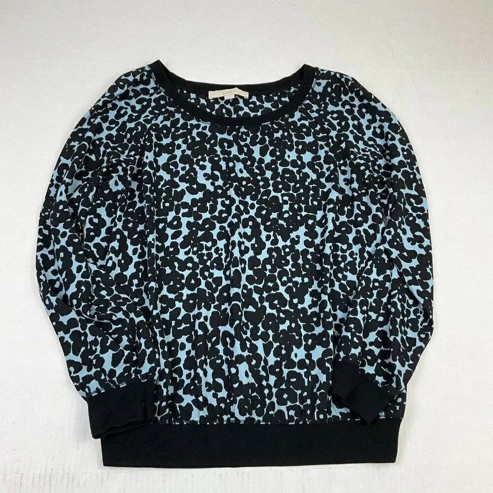 LOFT Womens Animal Print Blouse Blue Black Scoop Neck Pullover Top Long Sleeve S